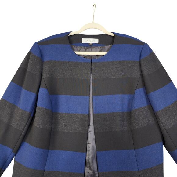 Tahari ASL Womens Blazer Jacket Plus Size 14W Blue Gray Black Stripe Collarless - Picture 2 of 10